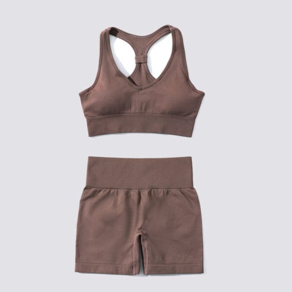 A brown sports bra and shorts set.